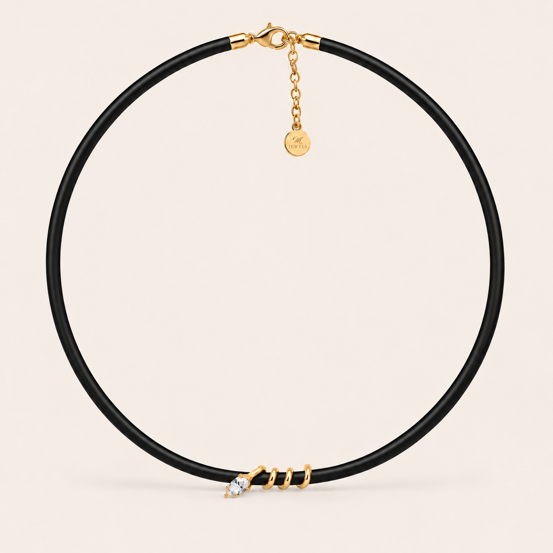 Boa Necklace Crystal – hladká černá umělá kůže se zlatým hadím motivem