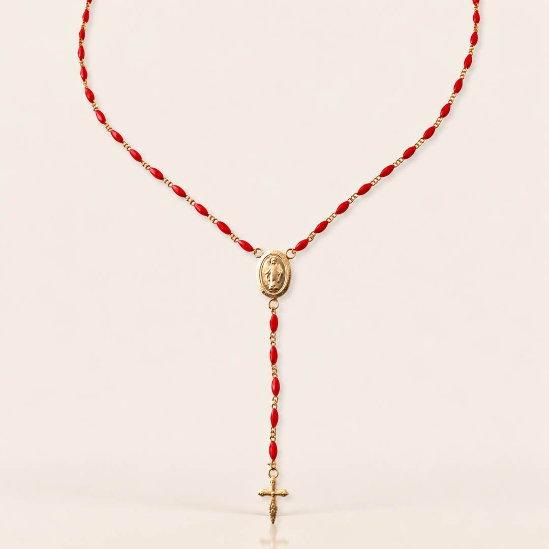 ROSARY DROP NECKLACE – Bright Red